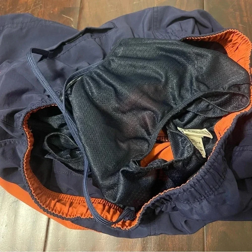 LL Bean Swimming Trunks Navy And Orange Striped Men’s Size Large Pockets Lined